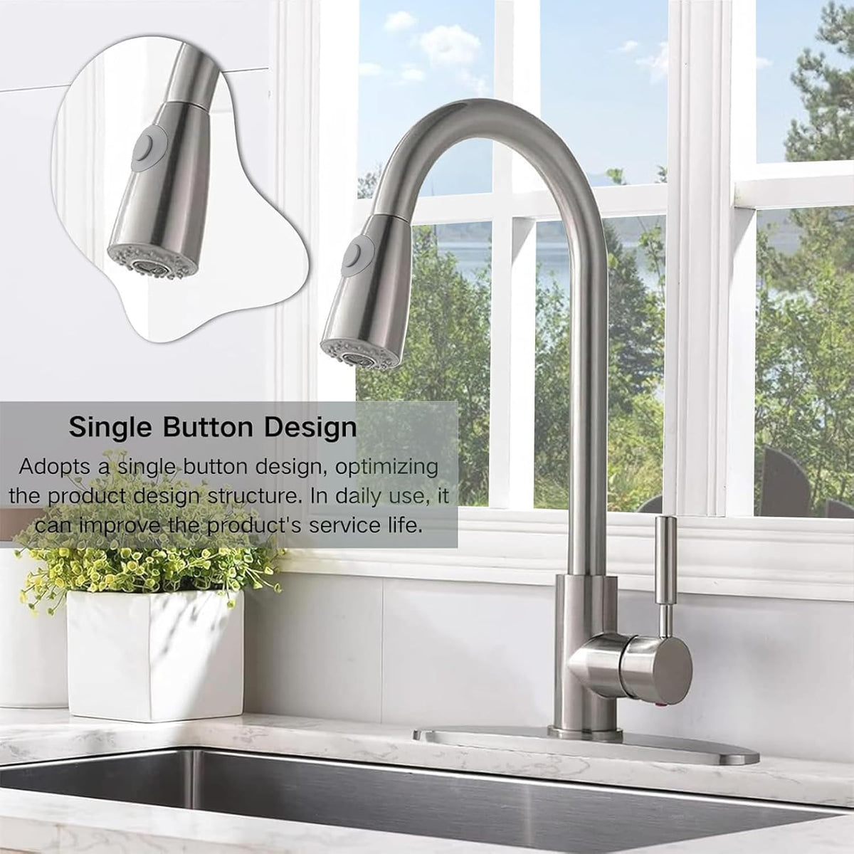Comllen Kitchen Faucet with Pull Down Sprayer, Modern Brushed Nickel Faucets for Kitchen Sink, Stainless Steel Single Handle Pull Out Kitchen Sink Faucet with Deck Plate
