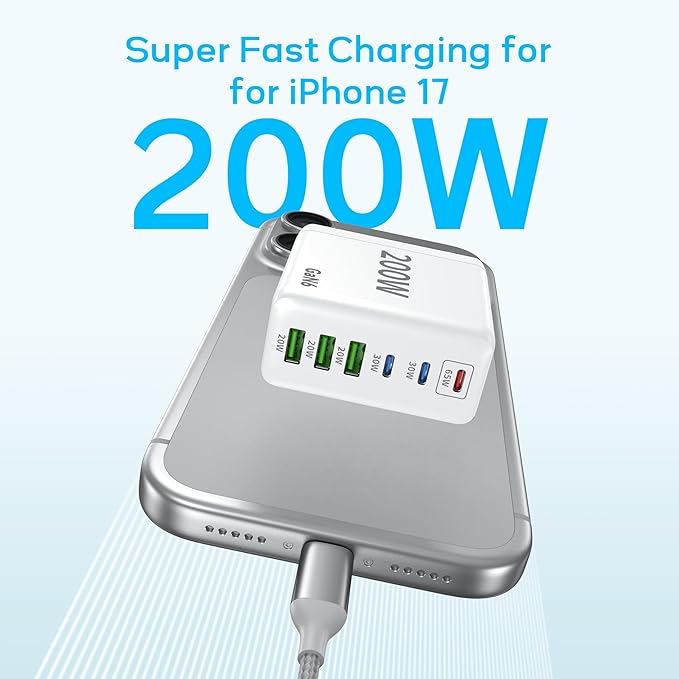 2 Pack USB C Charger Block, 200W GaN Super Fast Charger Type C iPhone 17 16 Fast Charging 6 Port Foldable PD Charging Station for All iPhone/Samsung Galaxy S25/S24/MacBook iPad