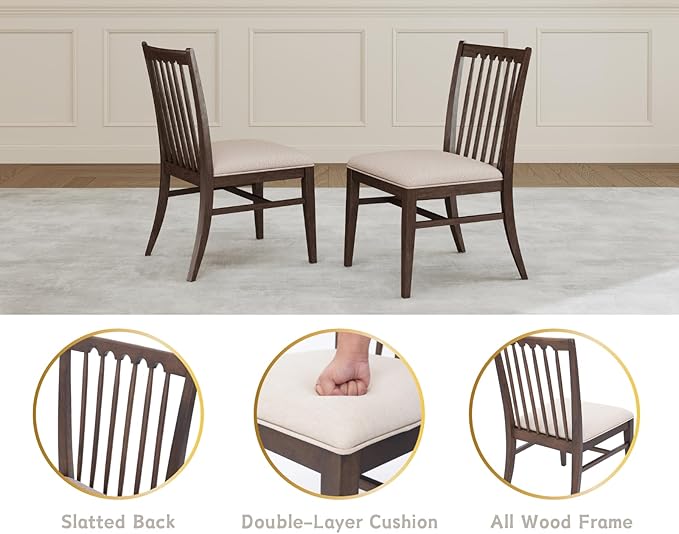 chairus Upholstered Kitchen Chairs Set of 2, Walnut Wooden Barrel Dining Chairs with Slat Back Double-Layer Cushion Farmhouse Accent Chairs for Dining Room/Living Room/Restaurant, Linen Beige