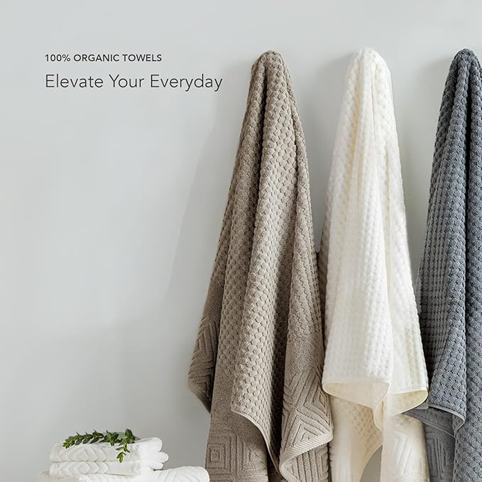 Texere 100% Organic Cotton Diamond Jacquard 700 GSM Luxury Bath Towel Sets - 2 Large Bath Towels, 2 Hand Towels, 2 Washcloths (Diamond, Oxford Tan, 6 Piece)