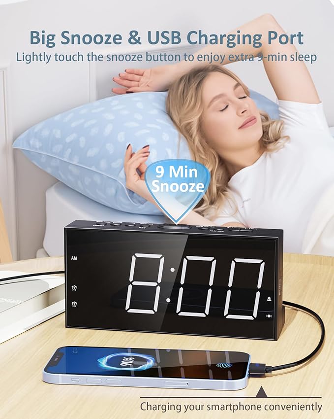 Loud Alarm Clock with Bed Shaker for Heavy Sleeper, Dual Vibrating Alarm Clock with USB Charger for Hard of Hearing/Deaf, 7.5’’ Large LED Display with Dimmer, Snooze, 12/24H & Battery Backup