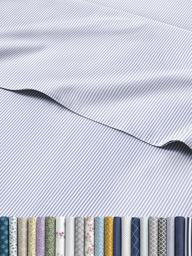 Light Blue and White Striped Sheets - 1 Flat & 1 Fitted Sheet & 2 Pillowcases w/ Deep Pockets - Wrinkle & Fade Resistant - Ultra-Soft, Breathable & Cooling - Luxury Pinstripe Bedding - Queen Size