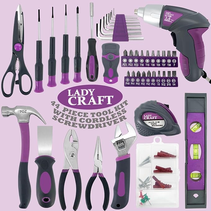 44PCS 4V Cordless Screwdriver Tool Kit Set Pink Color Tools Lady Tools Kit Home Repair Set Toolbox Hand Tool Kit Storage Case Gift Set LADYCRAFT