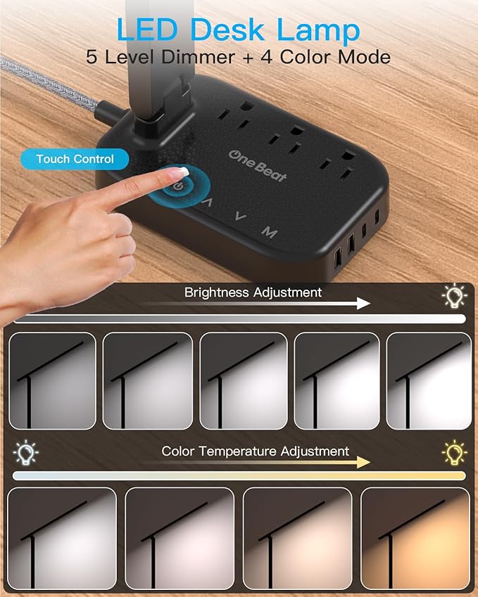 Power Strip with LED Desk Lamp, 10 Ft Extension Cord with 3 Outlets 4 USB Ports(2 USBC), 4 Modes 5 Level Touch Lamp Small Desk Lamps for Home Office College Dorm Room, Study Reading Light - BK