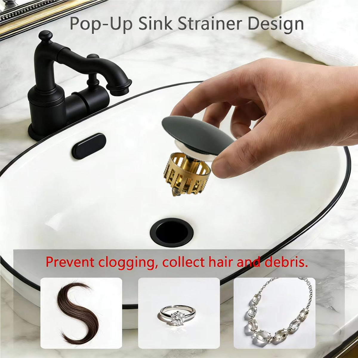 HENGDLOO Bathroom Sink Drain, with Overflow, Pop up Sink Drain Stopper with Strainer Plug for Vessel Sink Lavatory Vanity, SUS 304 Stainless Steel, Matte Black