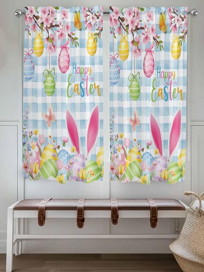 Happy Easter Living Room Curtains 72 Inches length, Spring Watercolor Bunny