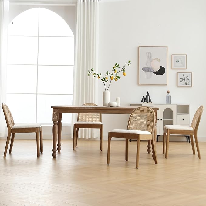 Mid Century Dining Chairs Set of 6, Accent Rattan Side Chairs Sherpa Fabric Kitchen Chair with Solid Wooden Legs for Living Room Dining Room, White
