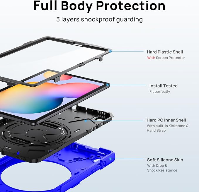 Gerutek Case for Samsung Galaxy Tab S10 FE+/ S10 FE Plus 2025 13.1 Inch Full-Body Drop Protective Case with Screen Protector Pen Holder 360° Rotate Hand Strap &amp StandShoulder Strap Black
