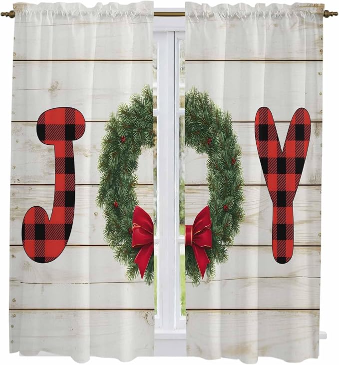 Christmas Wreaths Window Curtains 63 Inch Long 2 Panel Set, Rod Pocket Bedroom