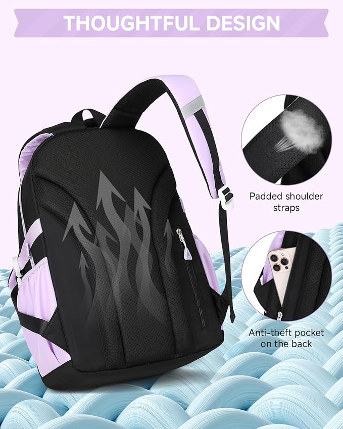 Girls Backpack with Lunch Box 3Pcs, Waterproof School Bag Set for Teen Elementary Middle School, Multi-Pocket Laptop Bookbag Lightweight, Purple