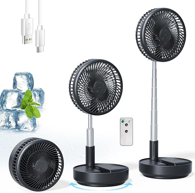 Primelove Portable Oscillating Rechargeable Fan, Battery Operated with 4 Speed Settings & Remote Control, Desk Travel Pedestal Fan for Sleeping, Camping, Cruise, RV - Black 8" USB C