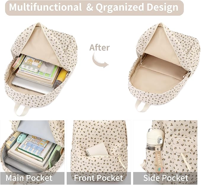 Backpack for Girls Boy Teen Corduroy Bookbags Elementary Middle High School Women Laptop Bag with Lunch Box Pencil Bag (Flower Beige)