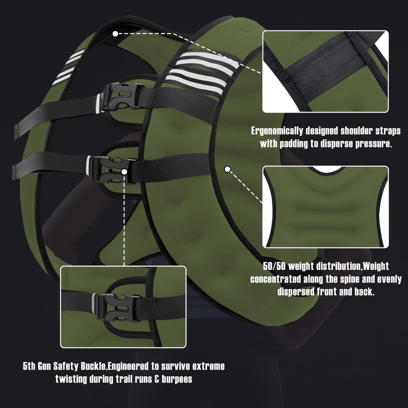 NATURELUX Weighted Vest with Reflective Stripe and Adjustable Buckle Straps, Army Green, 15 lbs