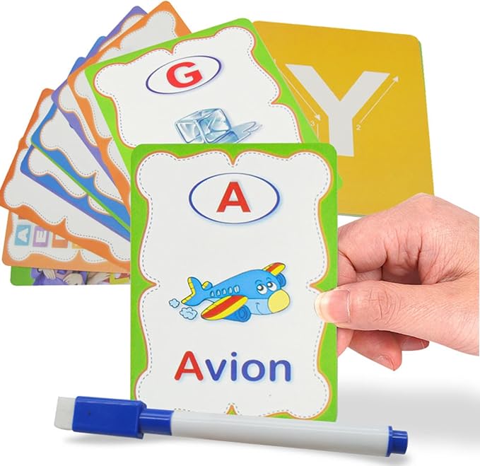 Erasable French Alphabet flashcards. - Write and Wipe Laminated ABCD Letter Tracing Practice Card for Kindergarten (26 Flashcards with Marker) (French Version)