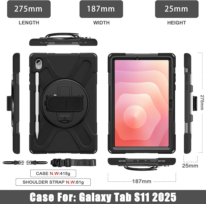 Case for Galaxy Tab S10 FE+ 13.1 2025 with Screen Protector+360 Rotating Hand Strap&ampStand+Shoulder Strap (Black)