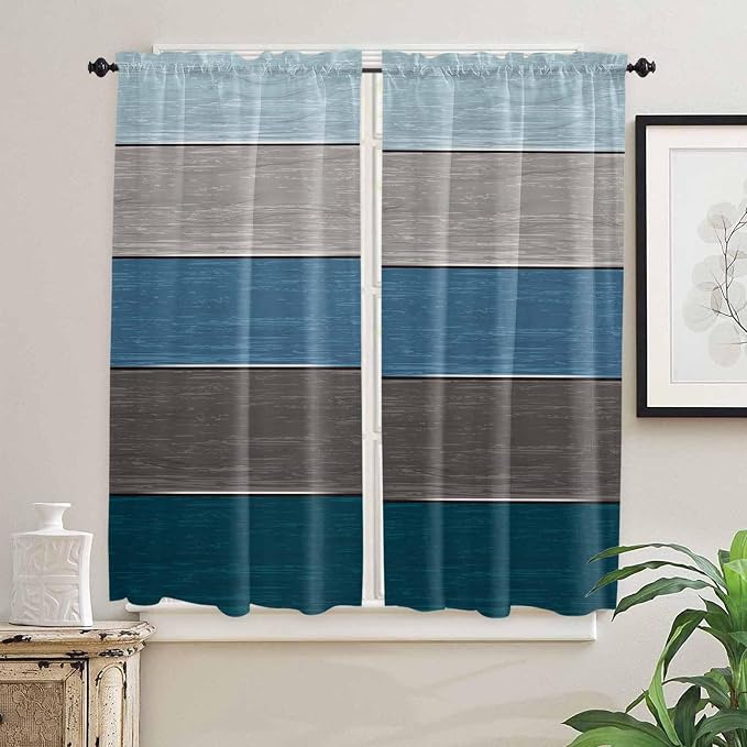 Retro Farm Blue Gray Wood Grain Window Valance Curtains, Rustic Wooden Plank