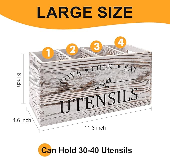 Rustic White Wooden Utensil Holder for Kitchen Counter Decor Extra Large Utensil Crock Organizer Silverware Caddy Farmhouse Wood Cutlery Holder Cooking Utensil Stand Storage kitchen Tools Holder