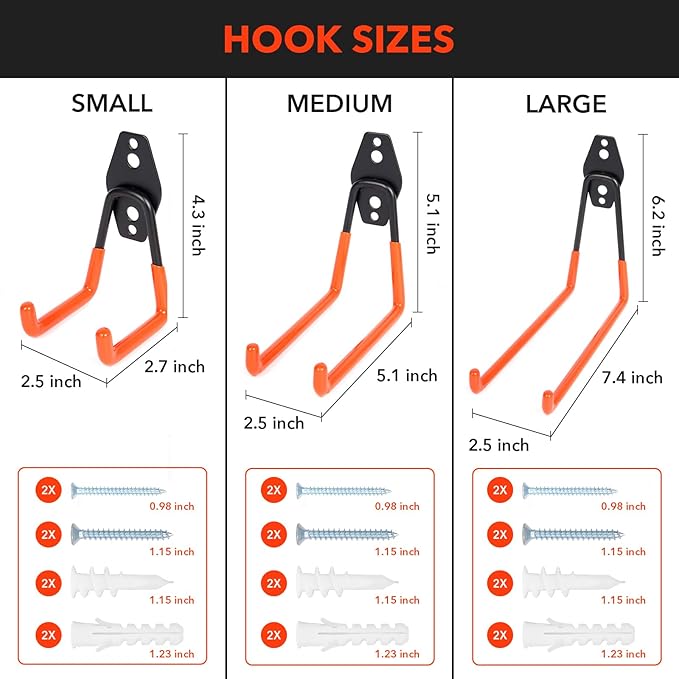 10 Pack Heavy Duty Steel Utility Wall Hooks Anti-Slip Coated - Garage Wall Mount Hanging Storage Organizer for Bikes, Ladders, Garden Tools, Skis and More