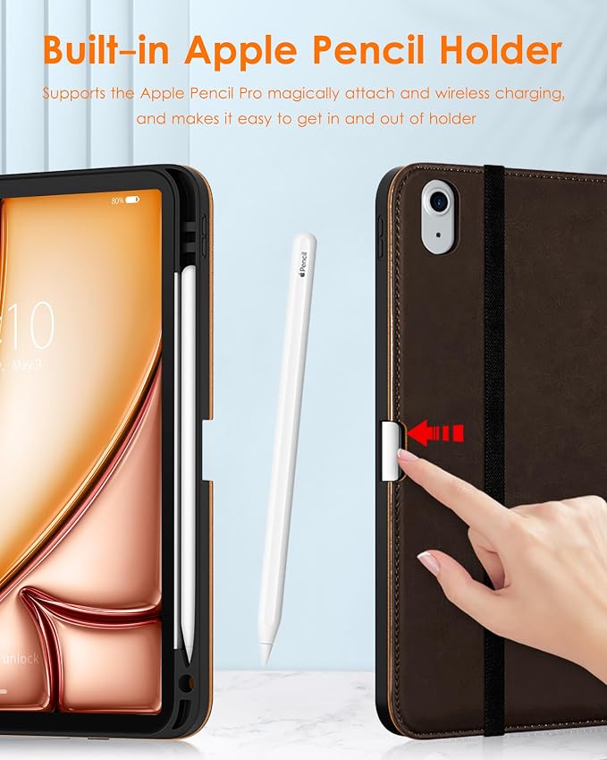 DTTO for iPad Air 11-inch Case M4/M3/M2 (2026/2025/2024) iPad Air 5th / 4th Generation (2022/2020) Premium Leather Business Folio Stand Cover with Pencil Holder - Auto Sleep/Wake Brown