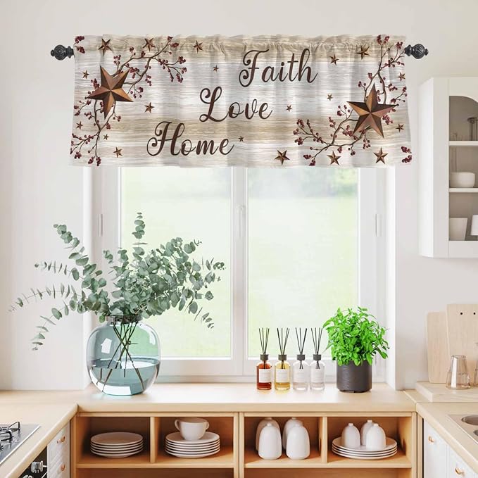 Kitchen Curtains Tiers and Valance Set of 3, Texas Star Brown Light Filtering