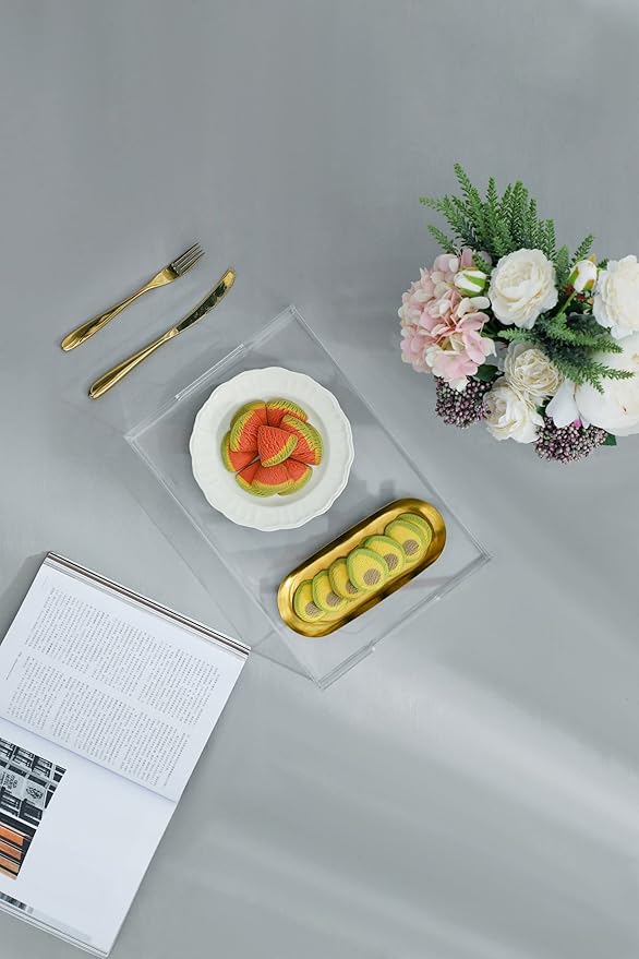 Clear Sturdy Acrylic Serving Tray with Handles-10x15Inch-Serving Coffee,Appetizer,Breakfast,Butler-Kitchen Countertop Tray-Makeup Drawer Organizer-Vanity Table,Ottoman Tray-Decorative Tray