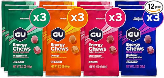 GU Energy Chews, Variety Pack Energy Gummies with Electrolytes, Vegan, Gluten-Free, Kosher, Caffeine/Caffeine-Free, and Dairy-Free On-The-Go Energy for Any Workout, 12 Bags (24 Servings Total)