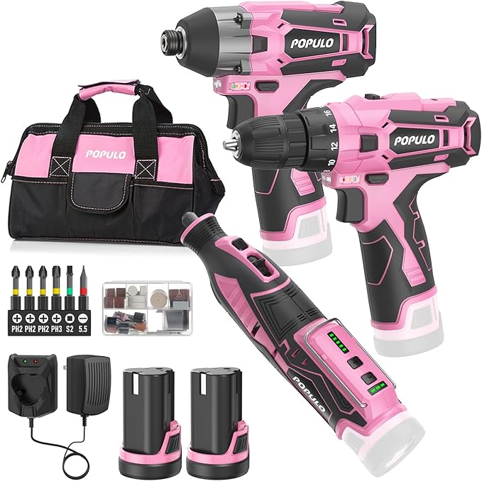 Pink Household Power Tool Combo for Women(3-Tool), 12V Lightweight Cordless Drill with Battery x2, Impact Driver and Rotary Tool Kit-Home Tool Kit for DIY, Home Improvement
