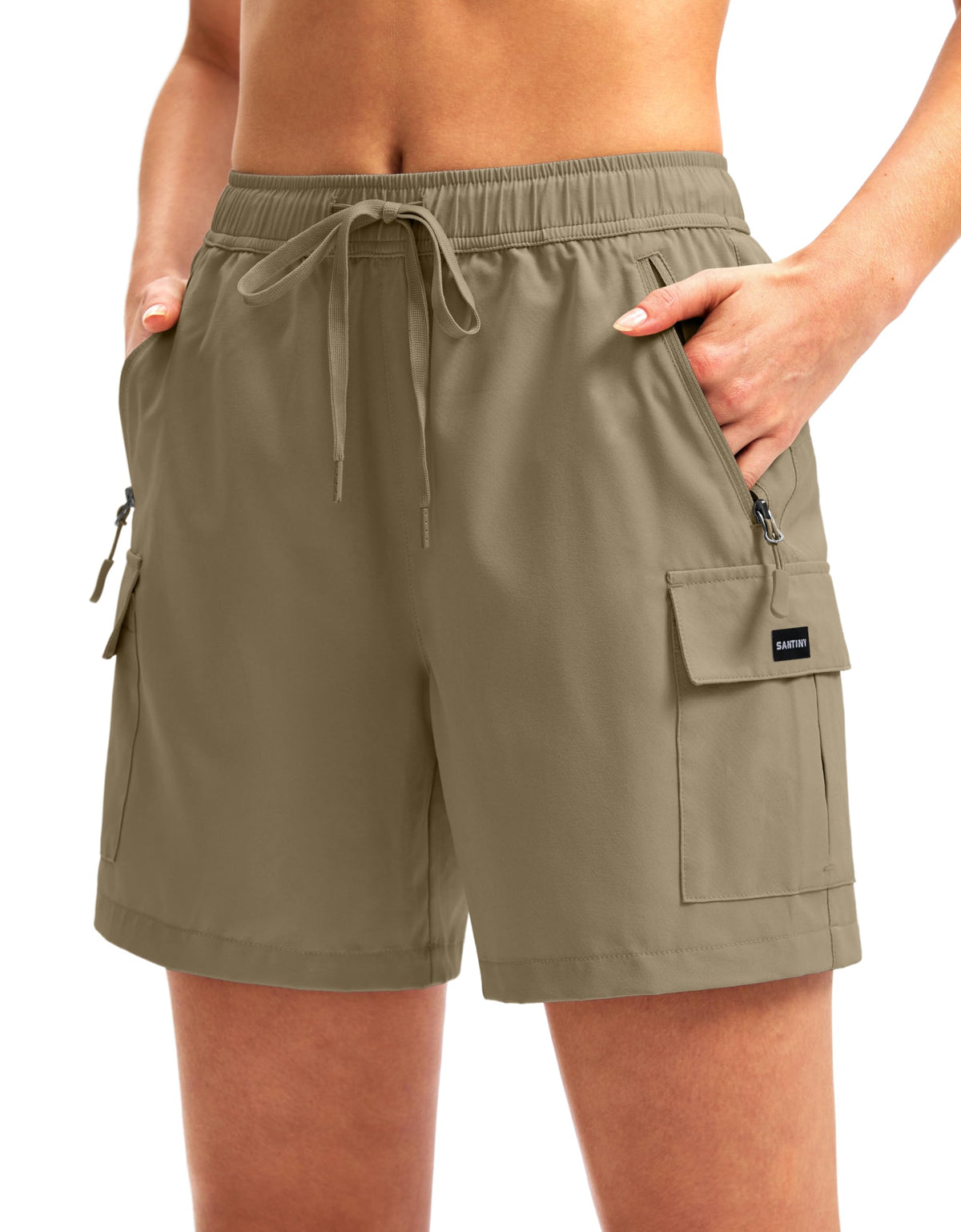 SANTINY Women's 5''/ 7''/9'' Hiking Cargo Shorts Quick Dry Lightweight Summer Shorts for Women Athletic Golf Zipper Pockets(Dusty Khaki_M)