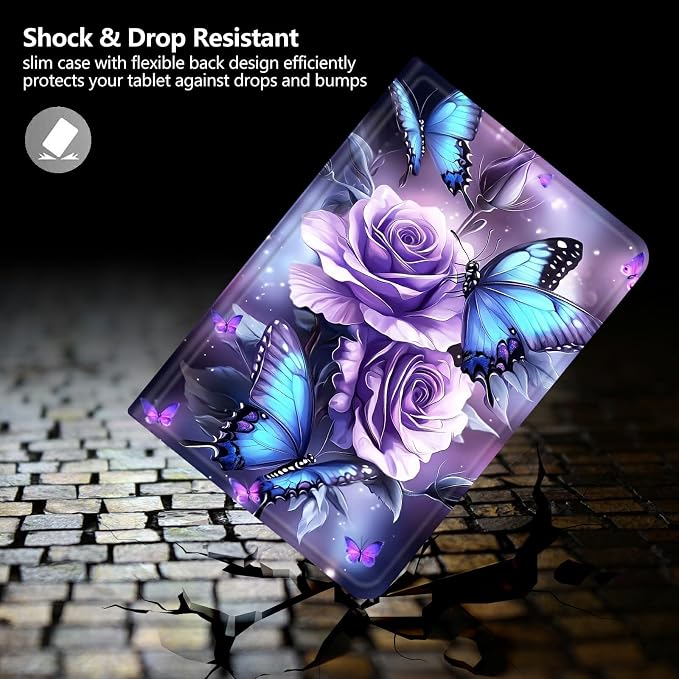 Case for Fire 7 2019/2017/2015Black Cat Purple Roses | DIGTIALL Slim Cover for Fire 7 Tablet 9th/7th/5th Gen 7.0 Folding Stand Protective Case Auto Sleep/Wake Smart Shell