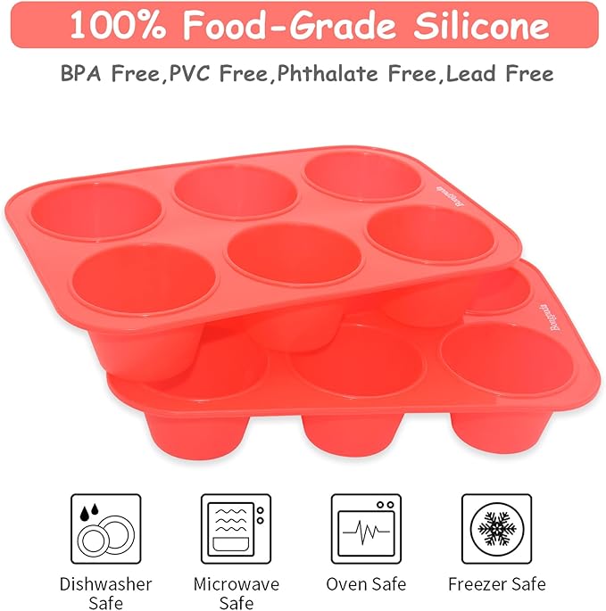 Bongpuda Silicone Muffin Pans,6 Cup Large Silicone Cupcake Pans,2-Pack