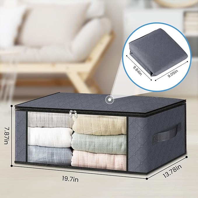 HomeHacks 6-Pack Clothes Organizer Storage Bags Foldable Storage Box with Large Clear Window Sturdy Handles for Closet, Dorm, Pillows, Bedding, Clothes, Stuffed Toys, Blankets, 35L, Grey