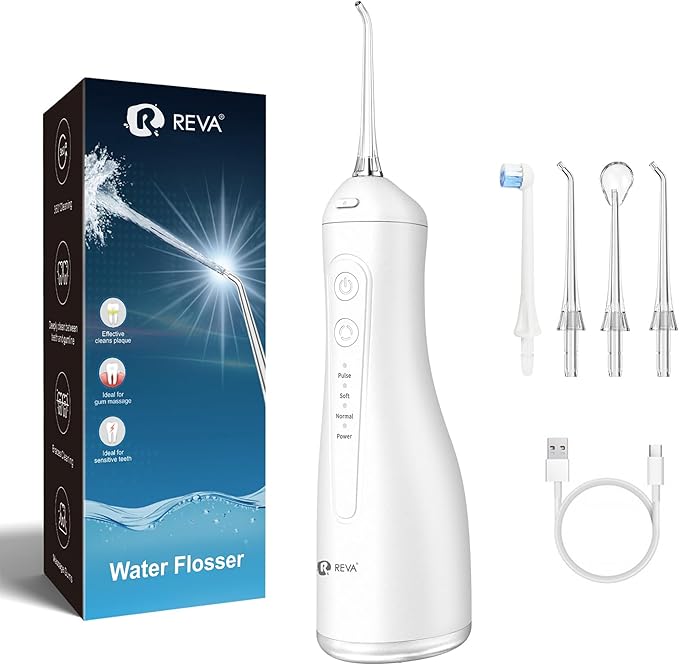 R REVA Portable Water Flosser for Teeth - 4 Modes Cordless Oral Irrigator with 300ML Tank, 360° Rotating Nozzle, 4 Jet Tips, Rechargeable, IPX7 Waterproof, Low Noise Gravity Ball Design (M159 - White)