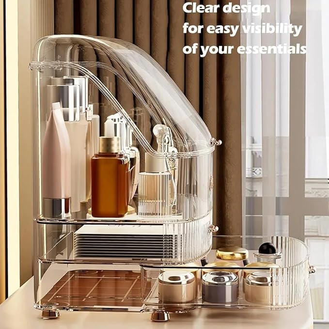 Clear Makeup Organizer Countertop with Drawers and Lid, Dustproof Organizers and Storage for Bathroom Vanity, Ideal for Cosmetic, Beauty Supplies -White