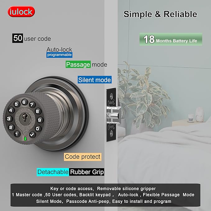iulock Smart Door Knob with Keypad and Key,Keyless Entry Door Lock with Rubber Grip, Auto Lock,50 User Code,Waterproof, Easy to Install and Program for Bedroom Garage Office Gate (Satin Nickel)