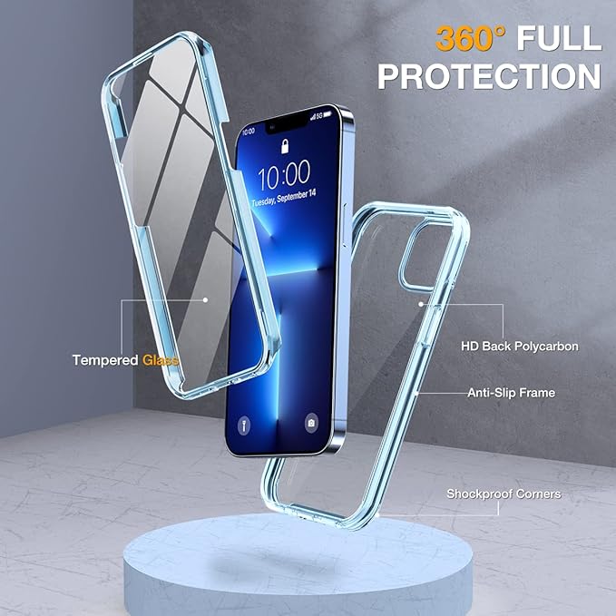 Miracase Glass Case for iPhone 13 Pro Max 6.7 inch, Upgrade Full-Body Clear Bumper Case with Built-in 9H Tempered Glass Screen Protector for iPhone 13 Pro Max, Clear Blue