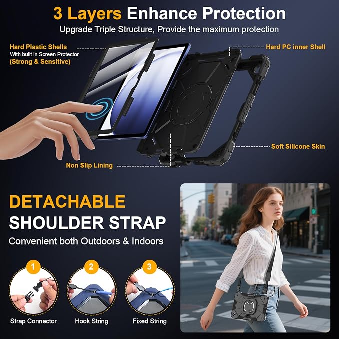 Case for Samsung Galaxy Tab A9 Plus 11 Inch 2023 Ubearkk Rugged Case for Samsung Galaxy A9+ Tablet SM-X210/X216/X218 with Screen Protector 360 Rotating Stand Shoulder Strap Pen Holder Black
