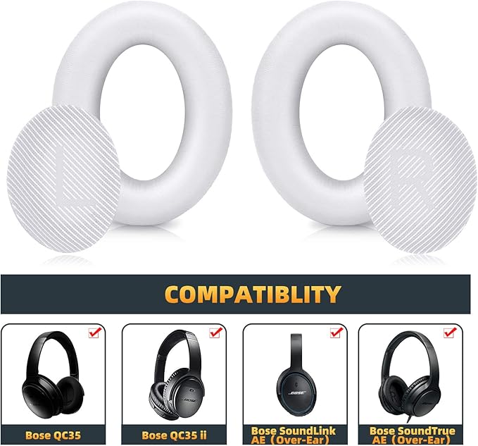 Premium Replacement Ear Pads Compatible for Bose QC35 & QC35ii Over-Ear Headphones Made by GEVO- Comfortable Adaptive Memory Foam and Extra Durable Earpads Kit for Bose QuietComfort 35 &35ii(White)