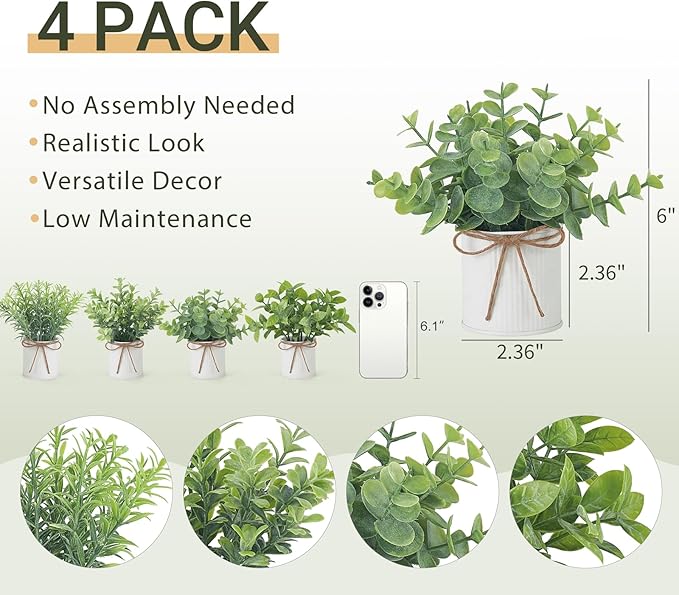 Mkono 4 Packs Small Fake Plants in Farmhouse Galvanized Pots Table Centerpiece Mini Potted Artificial Plants Faux Eucalyptus for Shelf Office Rustic Home Decor (White)