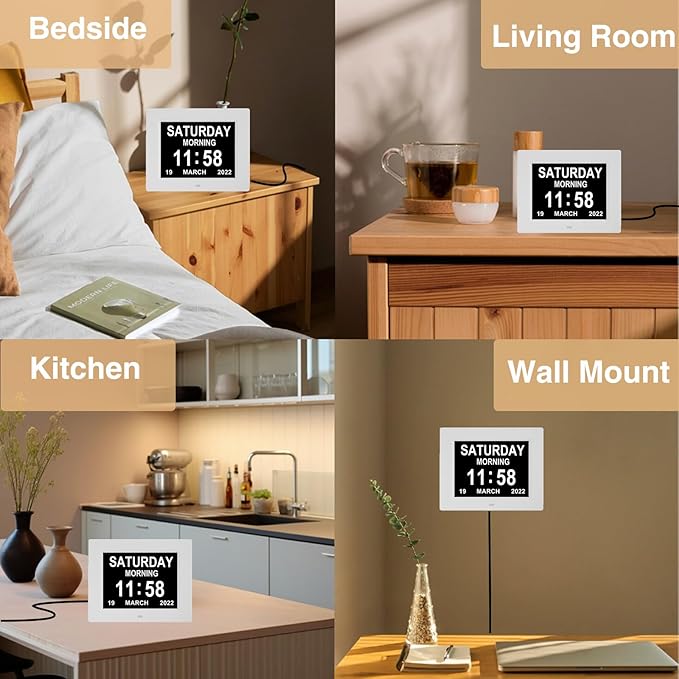 LaMi Products 8 Inch Dementia Clock for Seniors - Extra Large Display Digital Day & Date Clock with 5 Alarms + 3 Medication Reminders, Auto-Dimmable - White Wall Clock for Elderly Bedroom