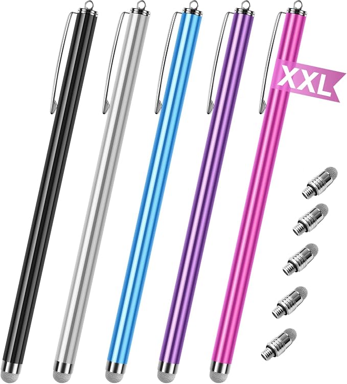 Extra Long Stylus pens for Touch Screens [5 Pack Fiber mesh Tips] Compatible for iPad iPhone Android Tablet Laptop Surface Chromebook High Sensitivity &amp Fine Point Capacitive Pen
