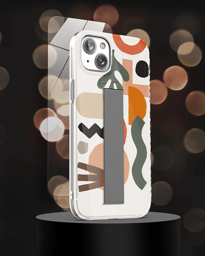 ENCASED Finger Loop Case Designed for iPhone 14 Plus Case with Hand Strap Phone Holder and Screen Protector (Black/Gold Marble)