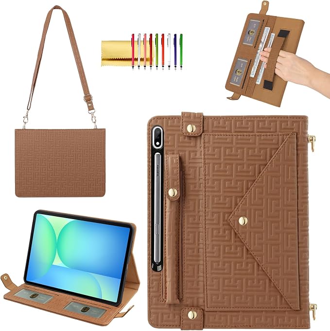 Handbag Case for Samsung Galaxy Tab S10 FE/S9 FE 10.9/S9/S8/S7 11 Techcircle Folio Stand Crossbody Wallet Protective Cover with S Pen Holder &amp Card Slots Hand Strap &amp Shoulder Strap Black