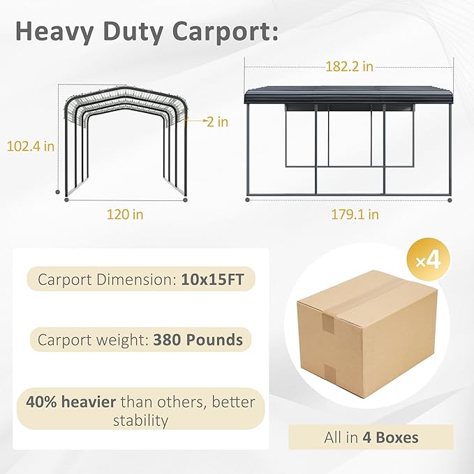 MUPATER Outdoor Carport Canopy 10' x 15', Metal Carport Tent Heavy Duty, Garage Car Shelter Shade with Metal Roof, Frame and Bolts for Car, Truck and Boat, Grey