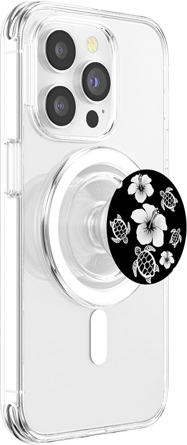 Black and White Hawaiian Island Floral Turtles PopSockets Adhesive PopGrip