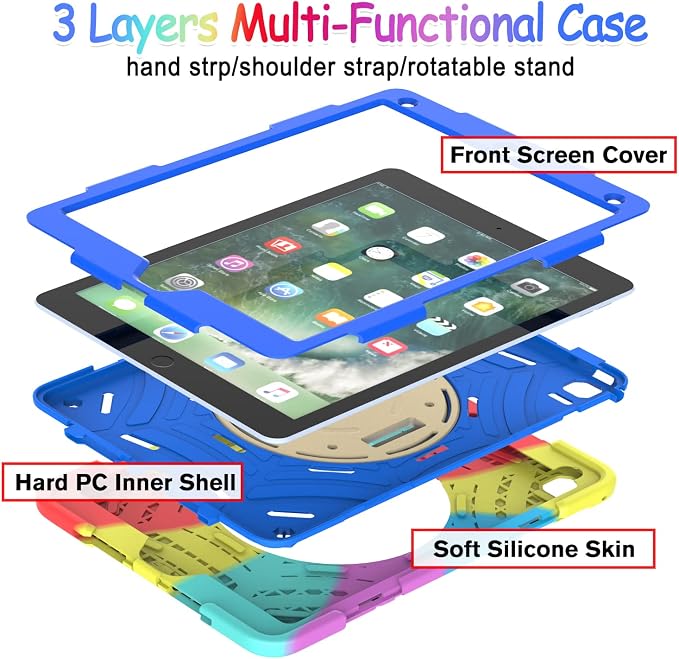 BMOUO Case for iPad 6th/5th Generation Case (9.7 inch 2018/2017) 360°Rotating Stand Hand/Shoulder Strap Shockproof iPad 9.7” Case for iPad Air 2 Black