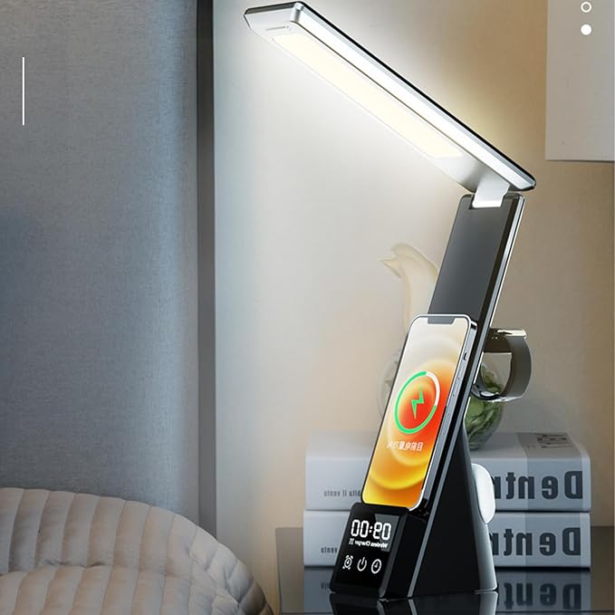 FJHBL Multifunctional Desk Lamp Wireless Charger with LED Display, Digital Clock, Alarm, and Tri-Color Lighting. Compatible with All Major Qi-Enabled Phones, Watches, and Earbuds,N61(Black).