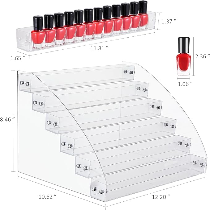 KINGROW Nail Polish Organizer Holder Rack 6 Layers Acrylic Display Rack Eyeglasses Shelf Essential Oils Ink Storage Holds Up to 96 (Fit 1-2oz Bottles)