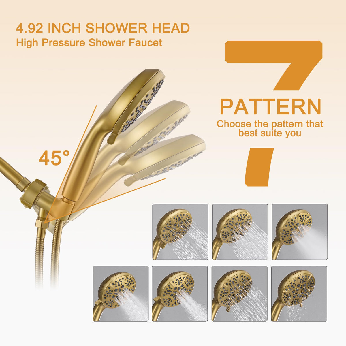 BRAVEBAR Single-Handle Gold Shower Faucet Set - Brushed Gold Shower Head and Handle Set, Shower Trim Kit with 7 Modes Handheld Shower Head System, Faucet Shower Fixtures with Valve Included