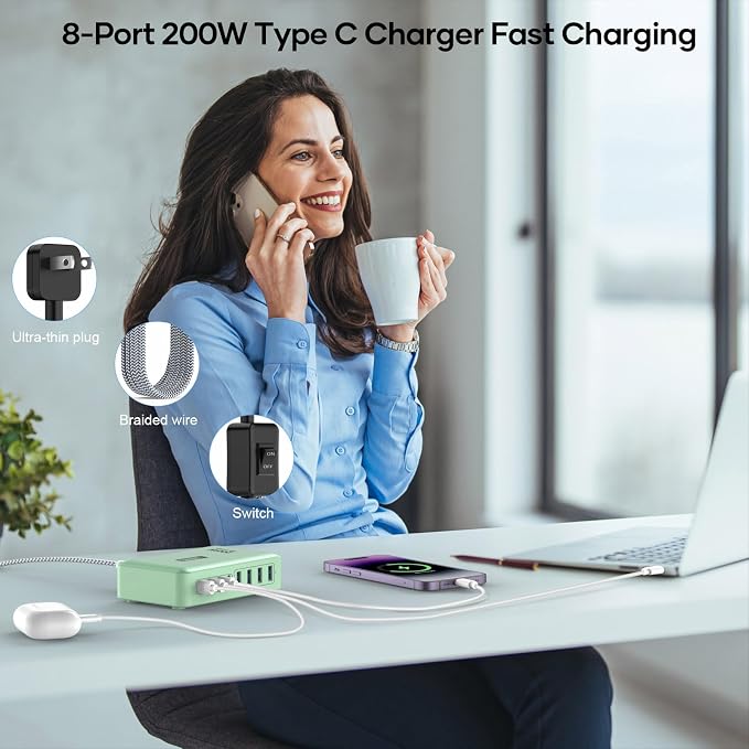 8-Port Multi Charging Stations 200W with Flat Plug Braided Power Cord and On/Off Switch- USB Charging Hub for iPhone iPad MacBook and More- 65W C Port Power Adapter for Laptops
