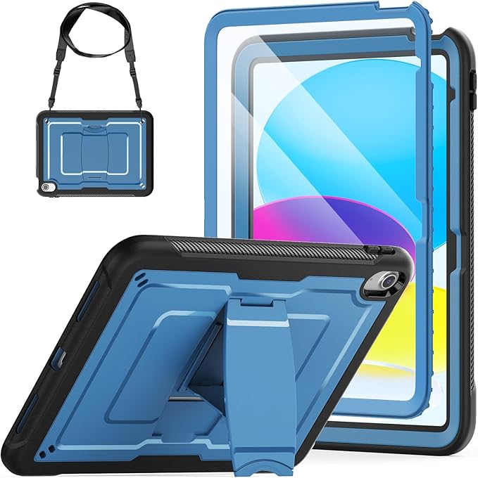 SEYMAC stock Case for iPad (A16) 11th/10th Generation 11''/10.9'' 2025/2022, with Built-in Screen Protector, Shoulder Strap, Built-in Kickstand, Rugged Full Body Shockproof Protective Case, Navy Blue